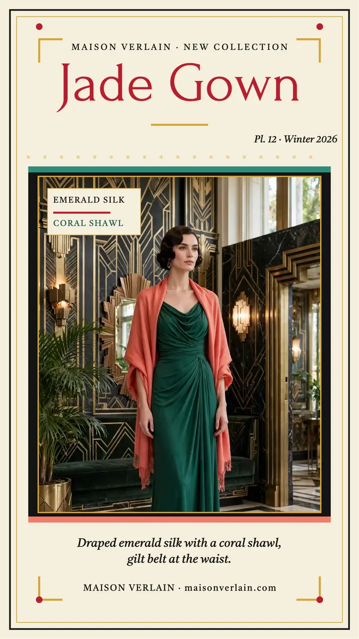 Maison Verlain jade gown pochoir story template