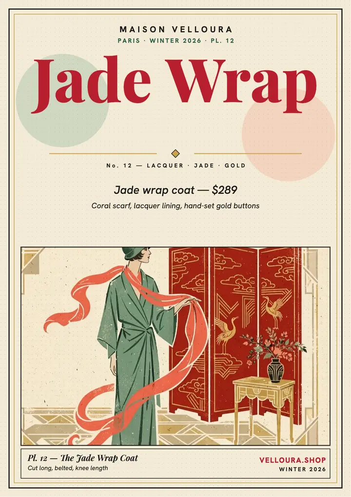 Velloura Jade Wrap Coat pochoir flyer: fashion flyer template