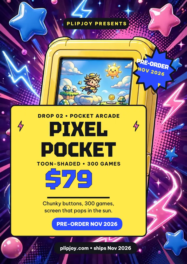 Plipjoy Pixel Pocket launch flyer: product launch flyer template
