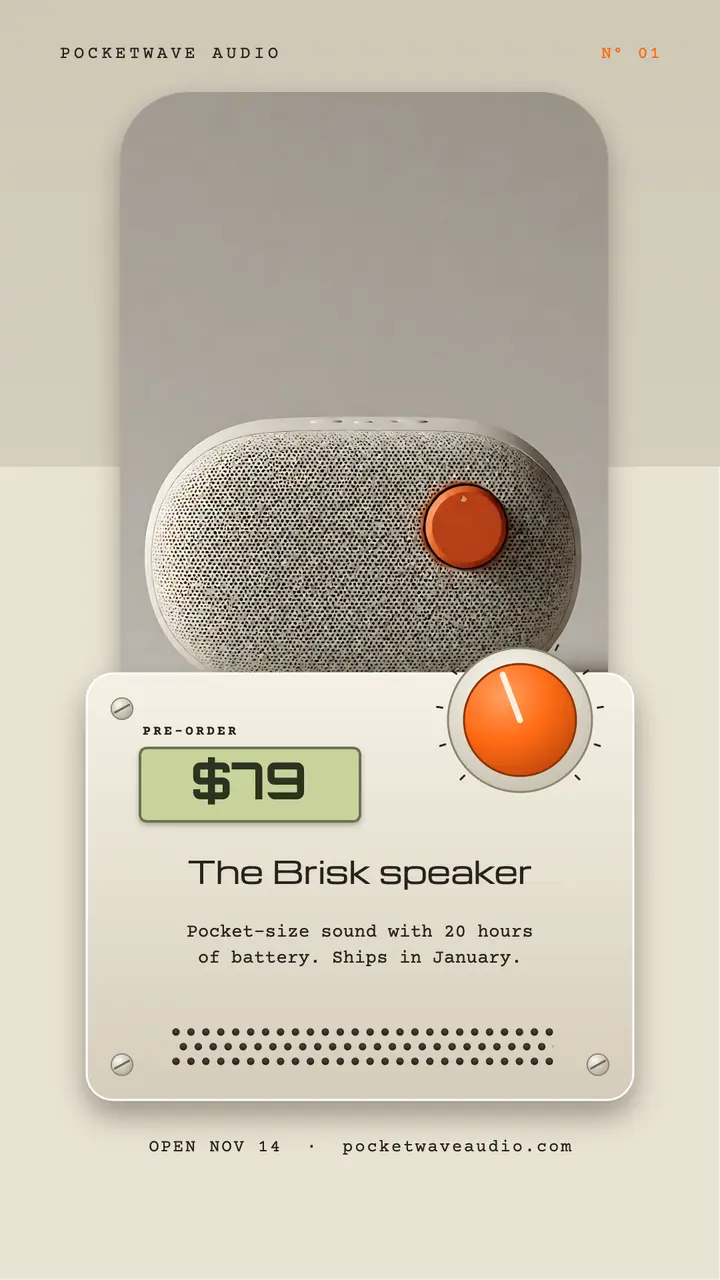 Pocket speaker pre-order story, hardware skeuomorph template