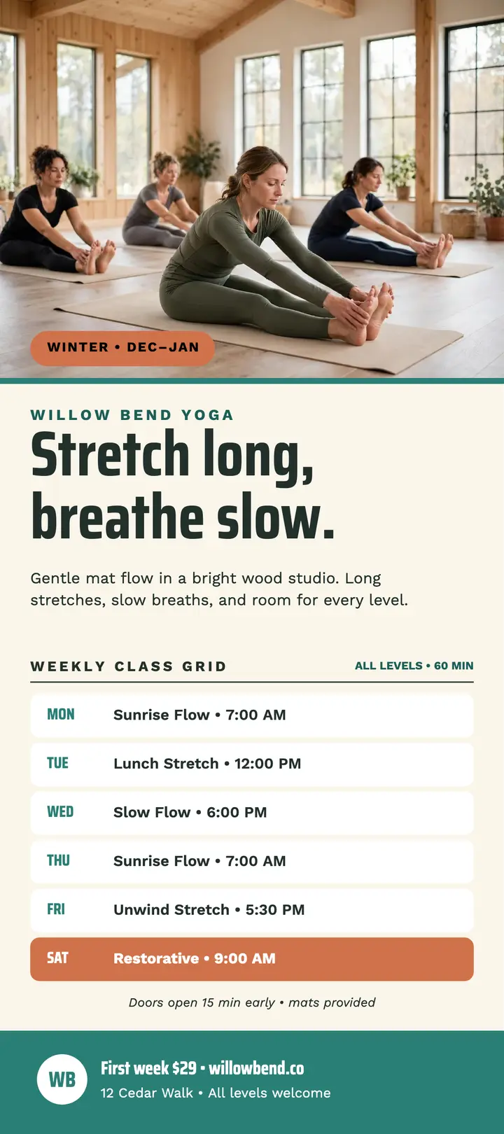 Willow Bend Yoga winter schedule rack card: yoga class schedule card template