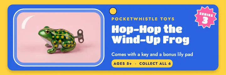 Wind-up frog toy pack X header, collectible toy pack template