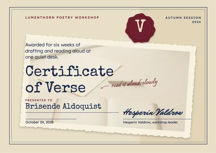 Lumenthorn poetry workshop certificate of verse template