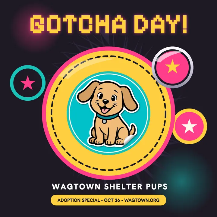 Wagtown Gotcha Day pog podcast cover: pet adoption podcast cover template