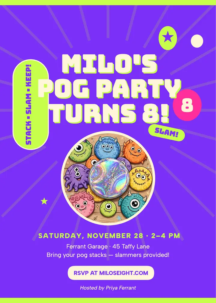 Milo's pog party birthday invitation template