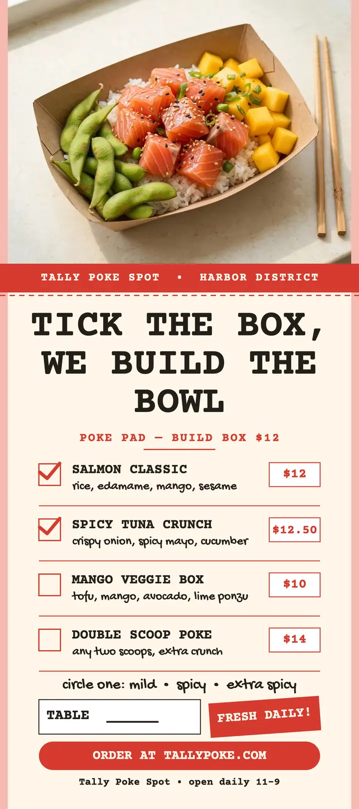 Tally Poke Spot order pad card template