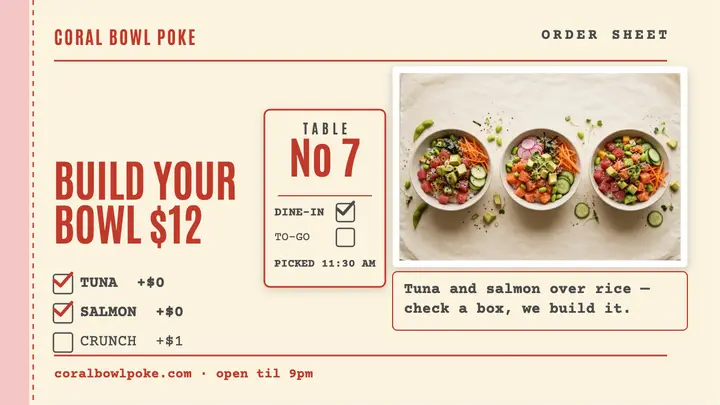 Coral Bowl Poke order sheet promo thumbnail template