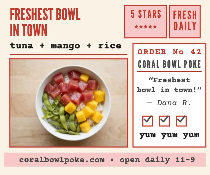 Coral Bowl Poke five star review ad template