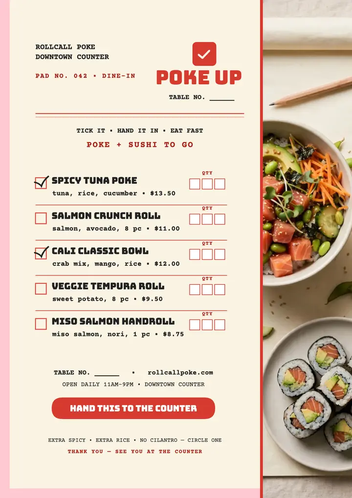 Rollcall Poke order pad flyer template