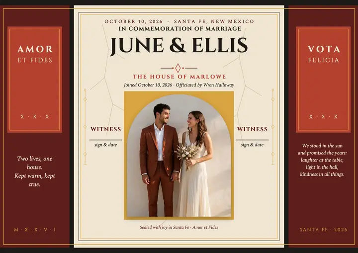 June and Ellis Pompeian marriage keepsake template