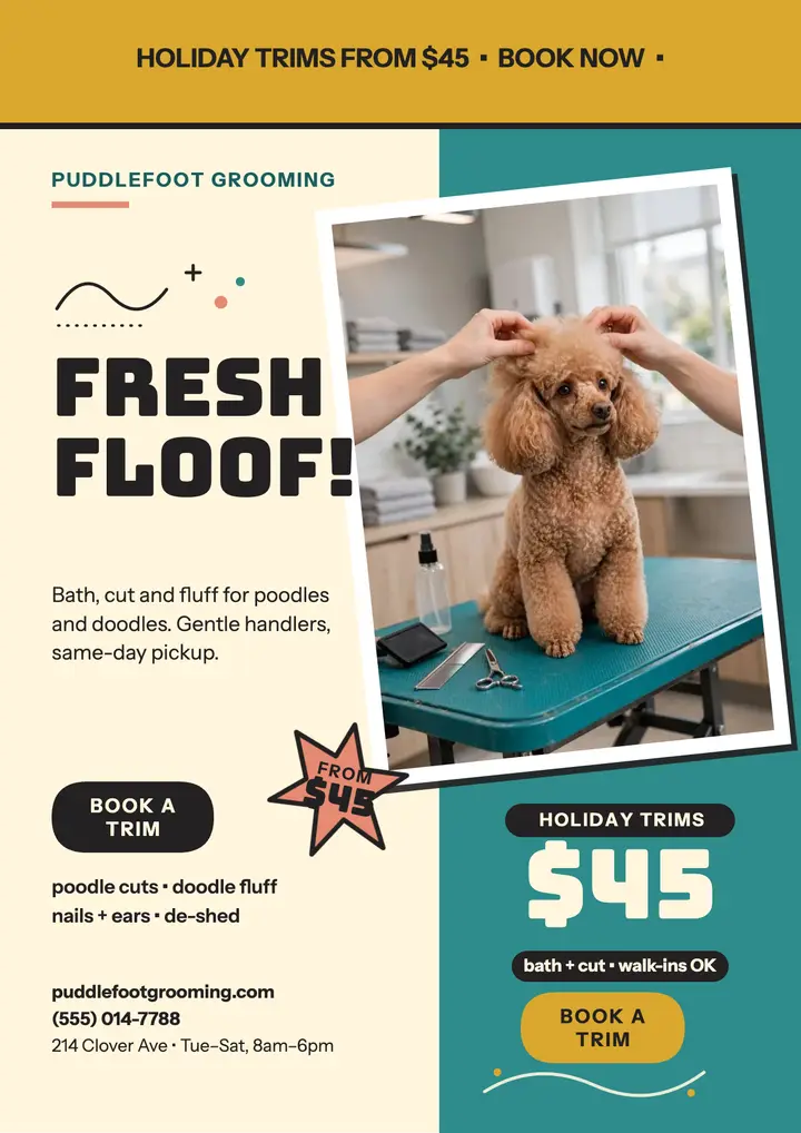 Puddlefoot poodle grooming cartoon flyer template
