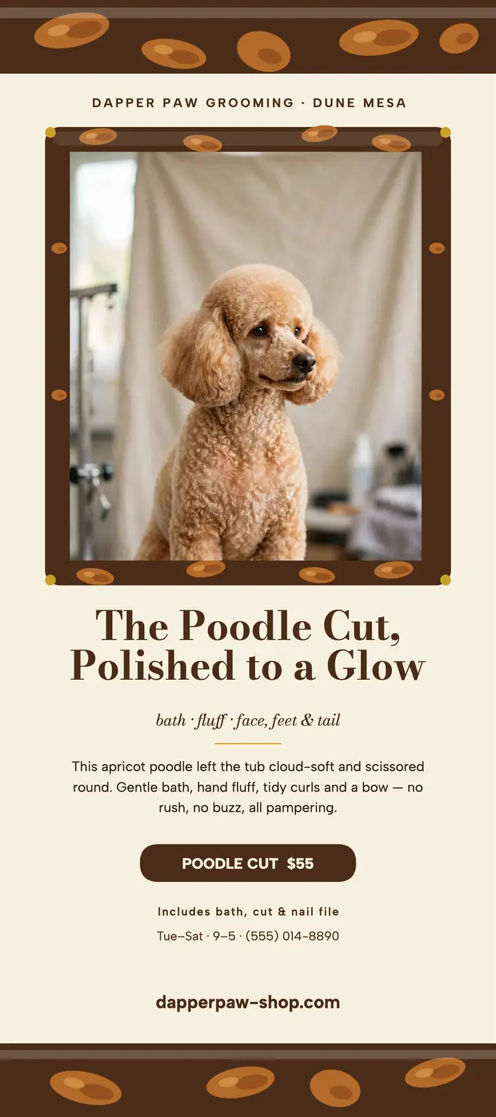 Dapper Paw poodle cut rack card: poodle grooming rack card template