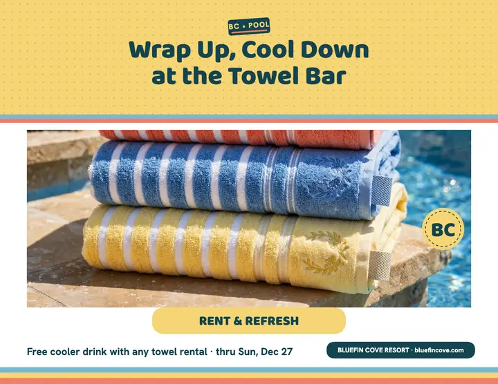 Bluefin Cove towel bar poolside flyer: towel bar flyer template