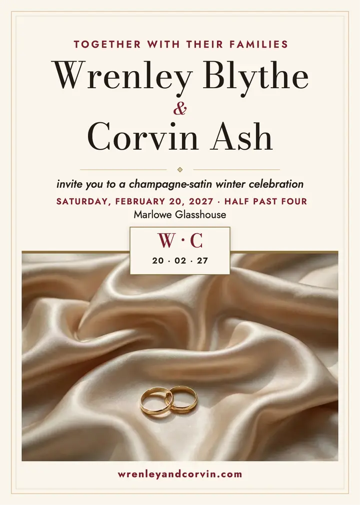 Champagne satin winter wedding invitation: winter wedding invitation template