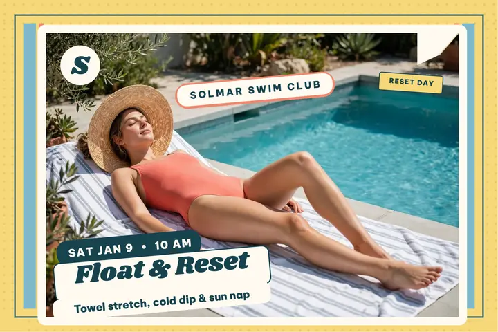 Solmar Swim Club poolside reset postcard: self-care reset postcard template