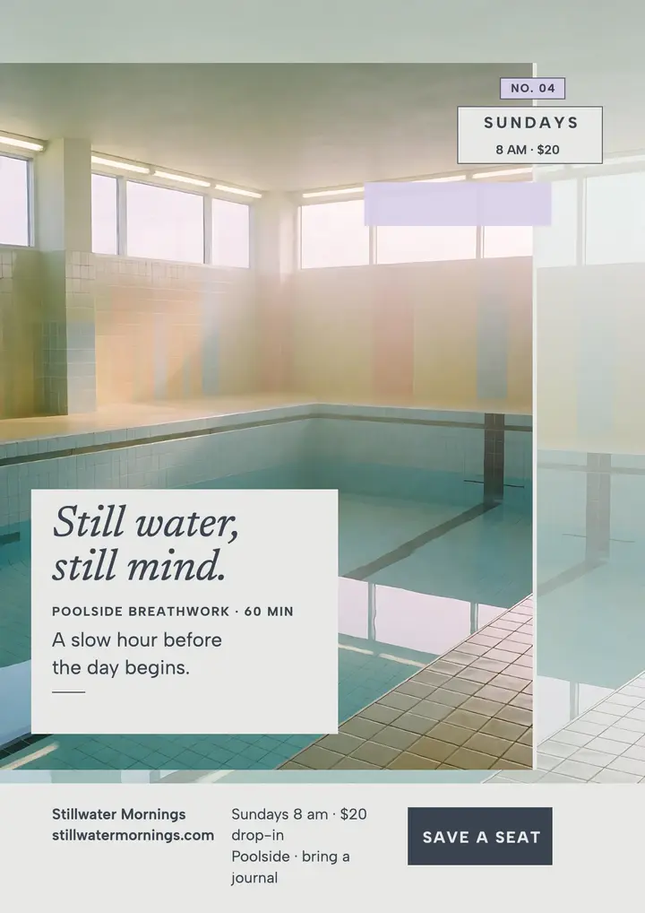 Stillwater Mornings poolside reset flyer: wellness flyer template