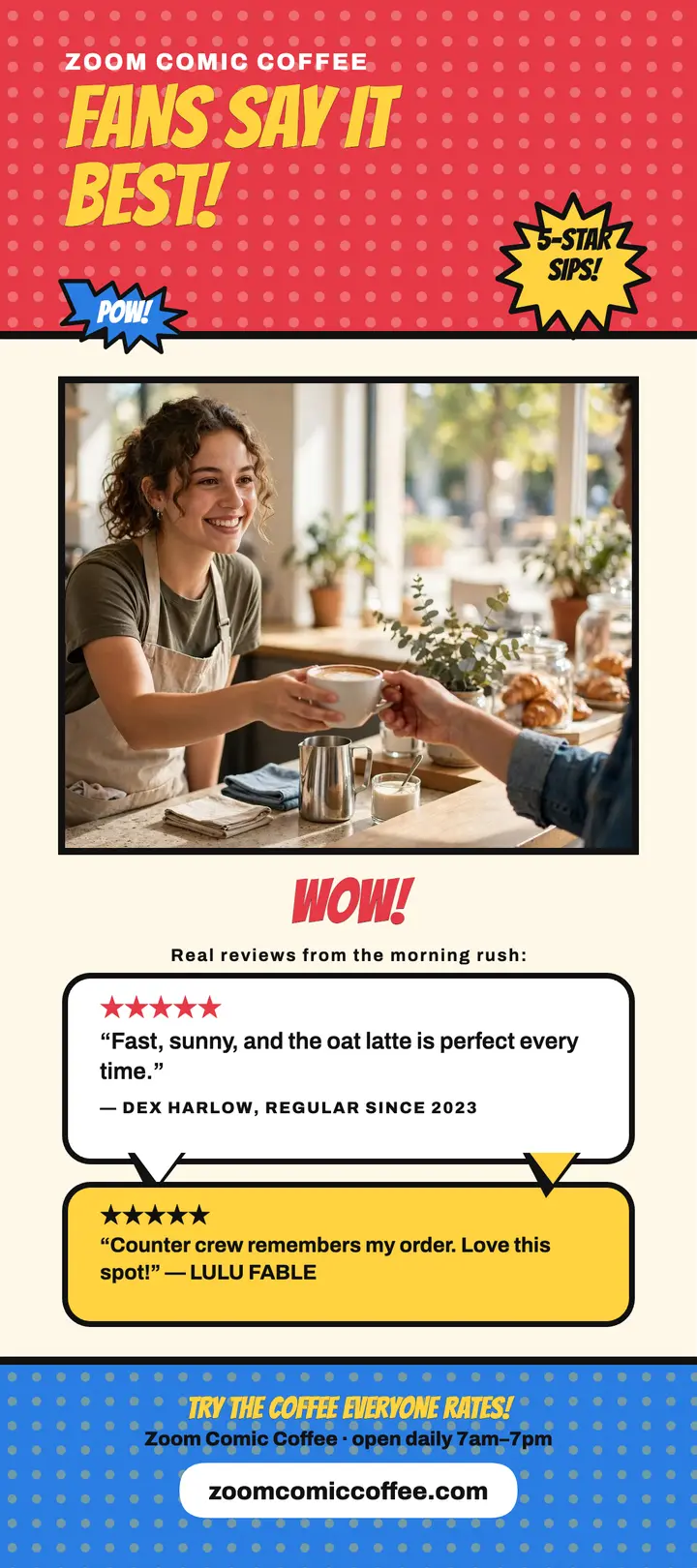 Zoom Comic Coffee pop reviews rack card template