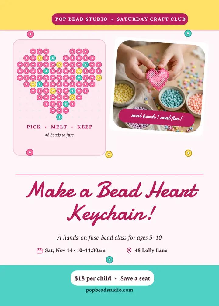 Pop Bead Studio heart keychain invitation template