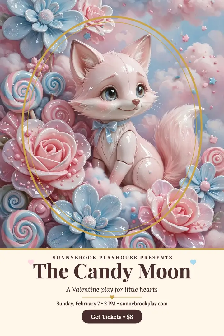 Candy Moon kids Valentine play poster: kids valentine play poster template