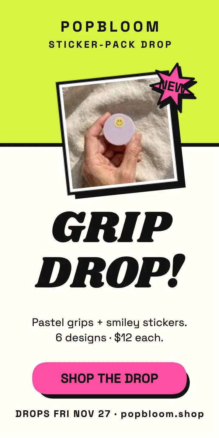 Popbloom grip drop half-page ad: phone grip drop ad template