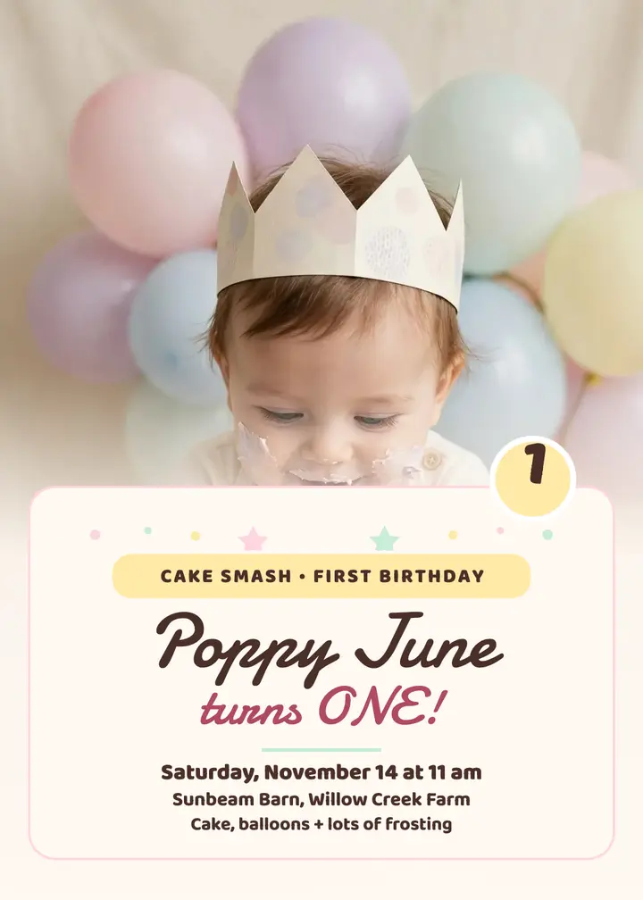 Poppy June first birthday cake smash invitation template