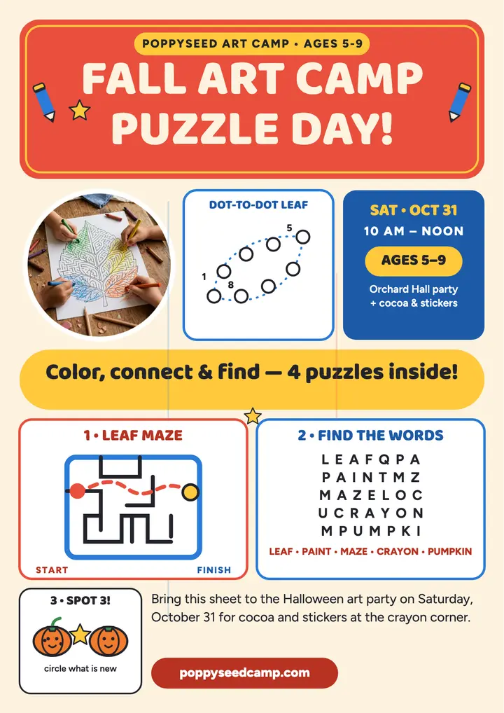 Poppyseed art camp puzzle day flyer template