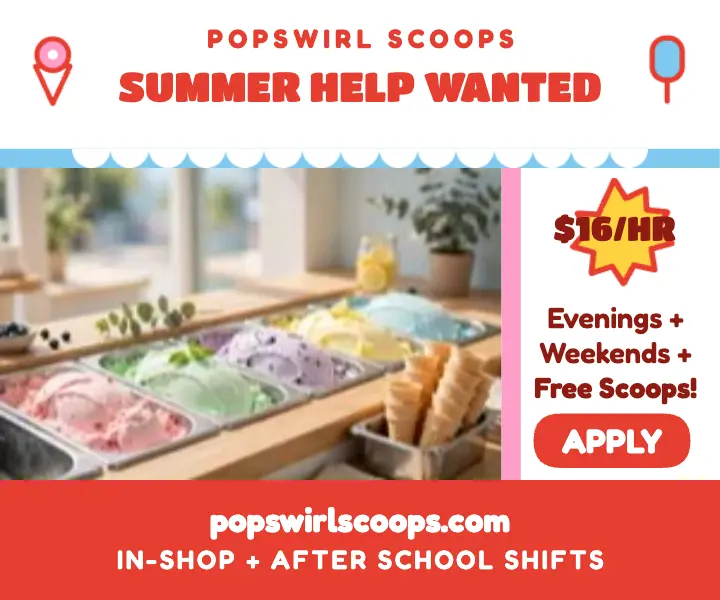 Popswirl Scoops summer help wanted ad: ice cream hiring ad template