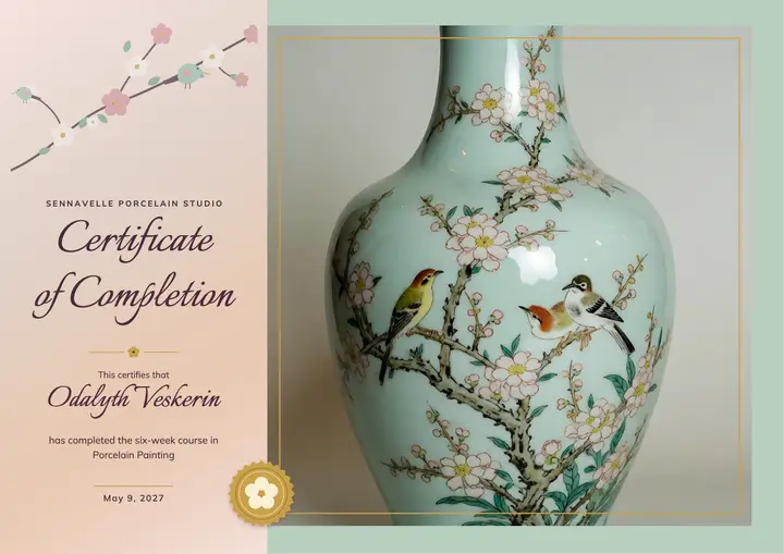 Porcelain painting course certificate, painted chinoiserie template
