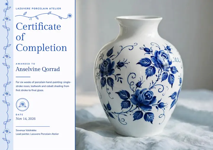 Lazuvere porcelain painting workshop certificate template