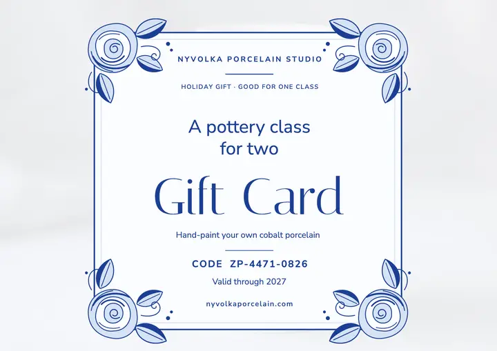 Pottery class gift card, blue porcelain template