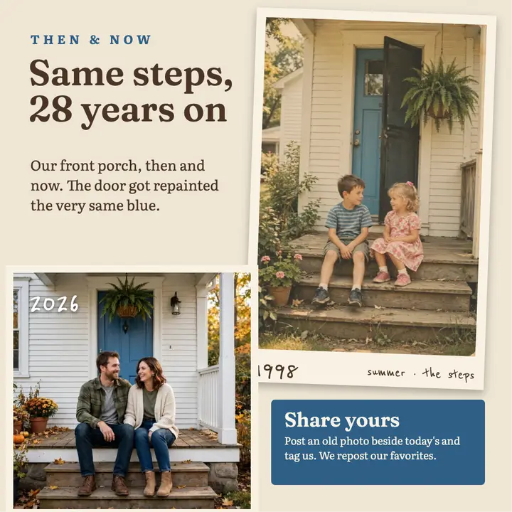 Porch then and now square post: then and now family photo post template