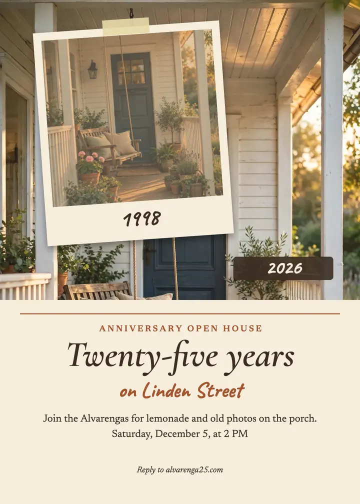 Linden Street porch then and now invitation: anniversary invitation template