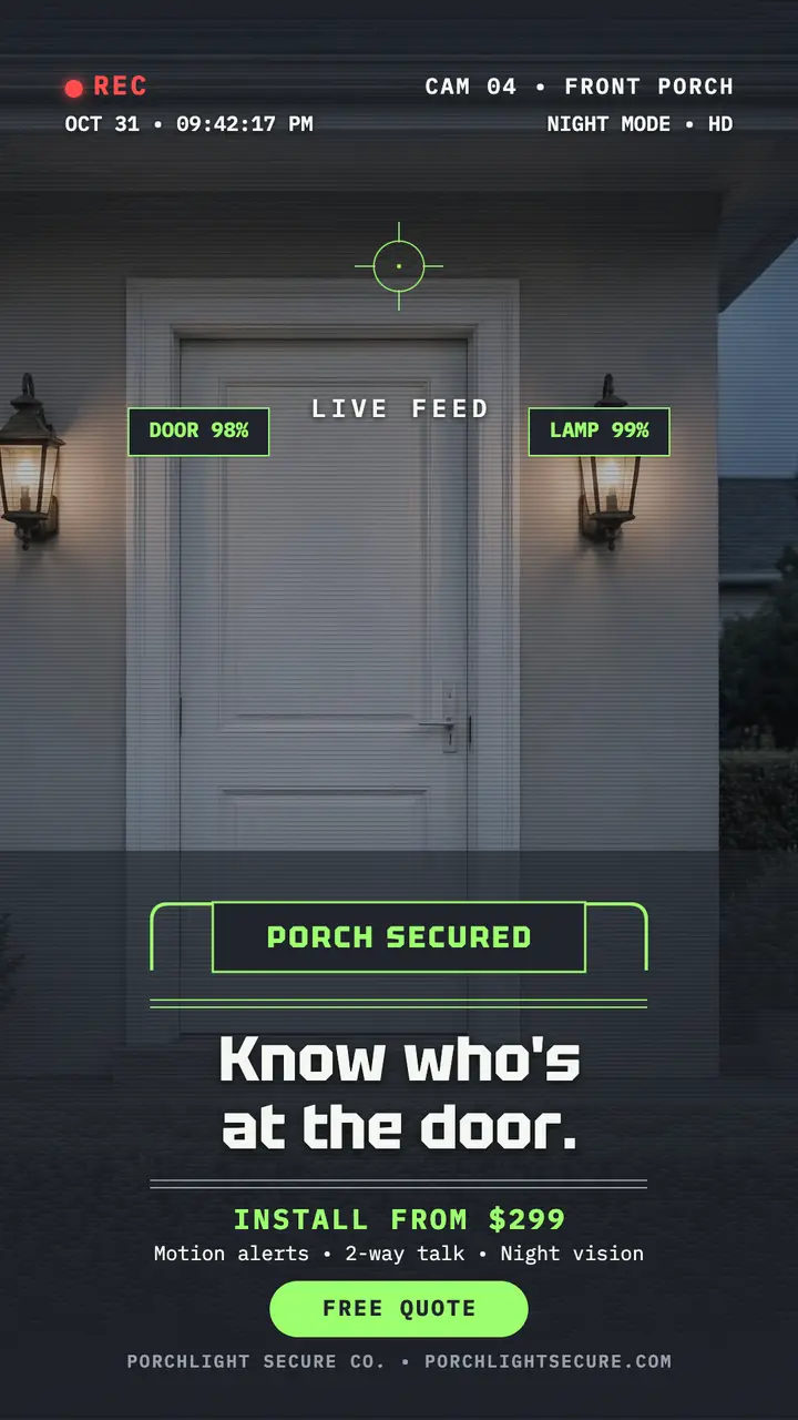 Porchlight Secure night-cam story: home security install promo template