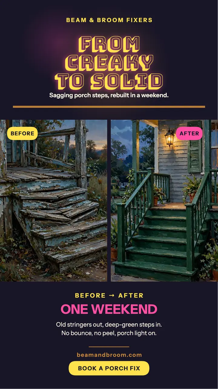 Porch steps before after story, Beam and Broom template