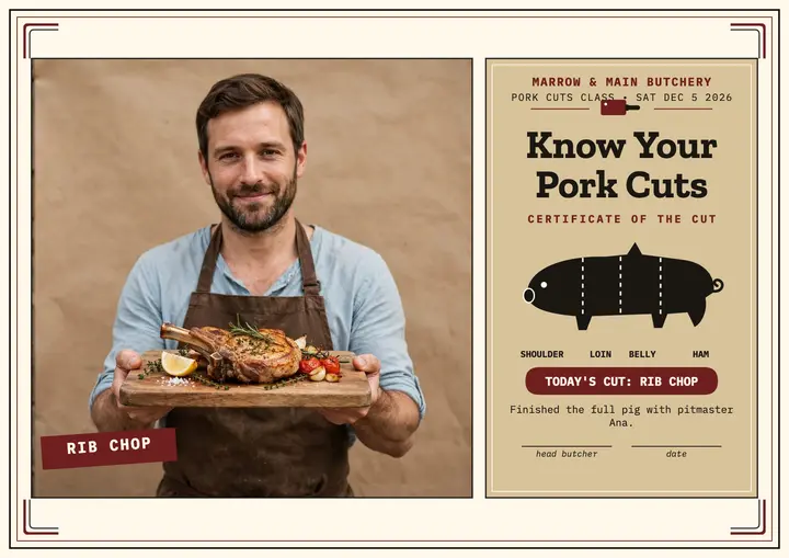 Marrow and Main pork cuts class certificate template
