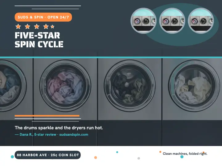 Suds and Spin five-star review slide template