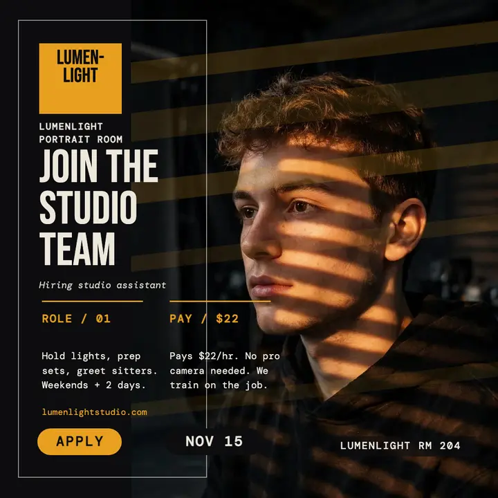Lumenlight studio assistant hiring post template