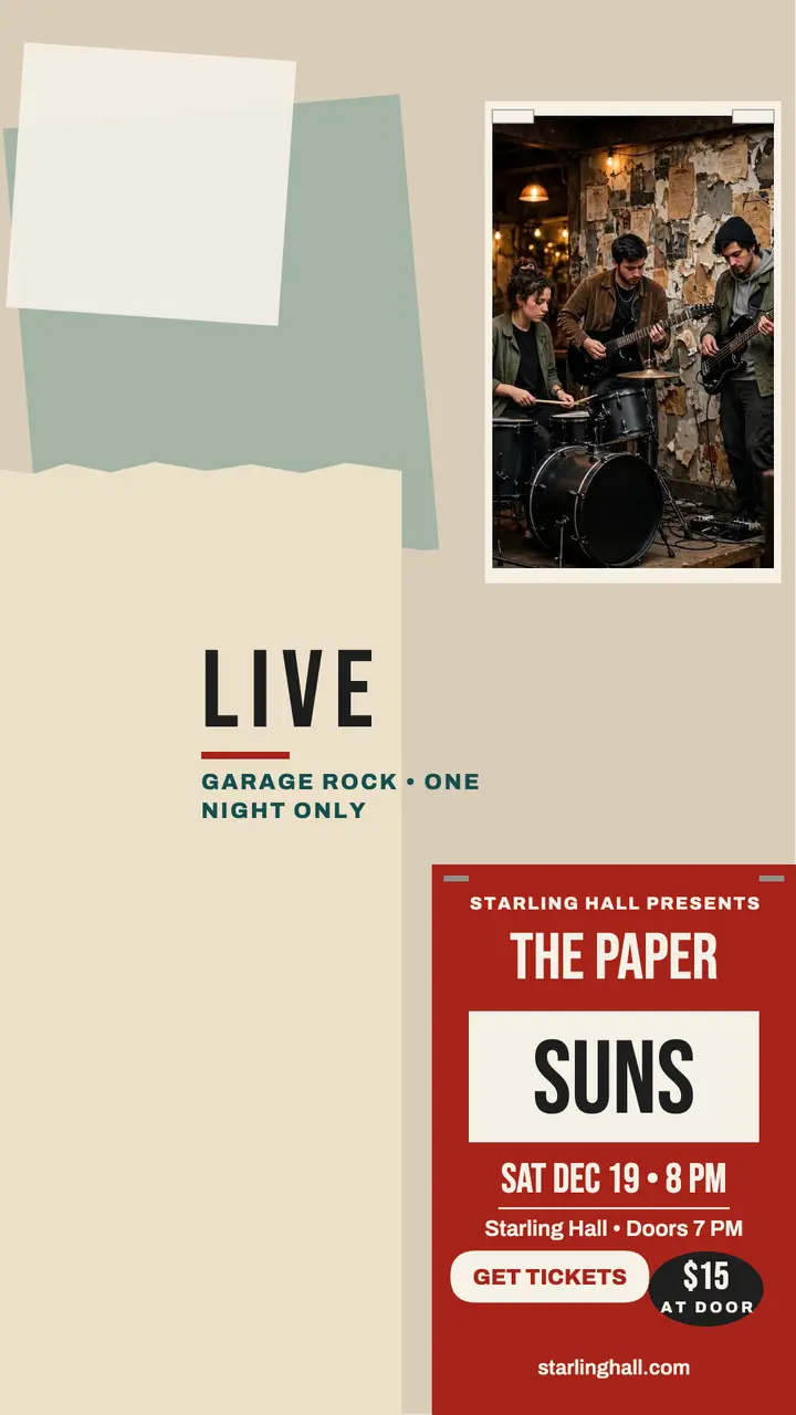 Paper Suns gig night poster wall story template