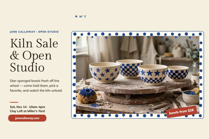 June Calloway kiln sale postcard: pottery kiln sale postcard template