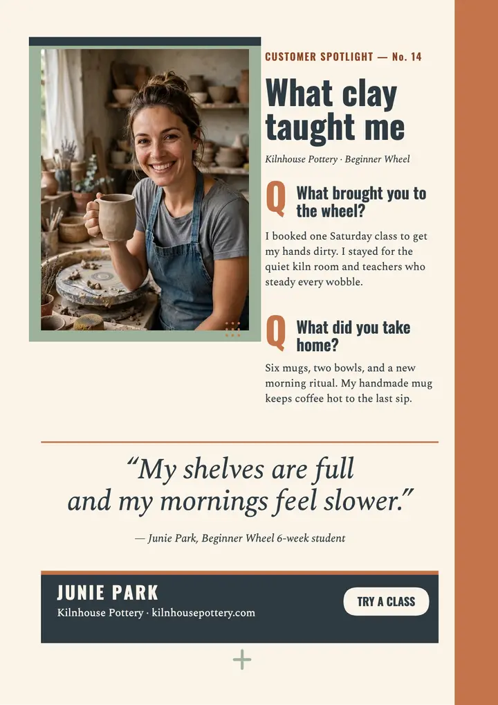 Kilnhouse Pottery spotlight interview flyer: pottery customer spotlight template