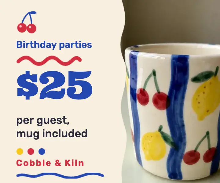 Cobble & Kiln pottery birthday party ad template