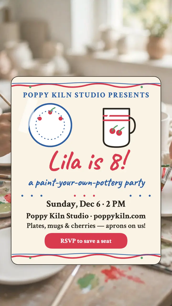 Lila pottery birthday party story invite template