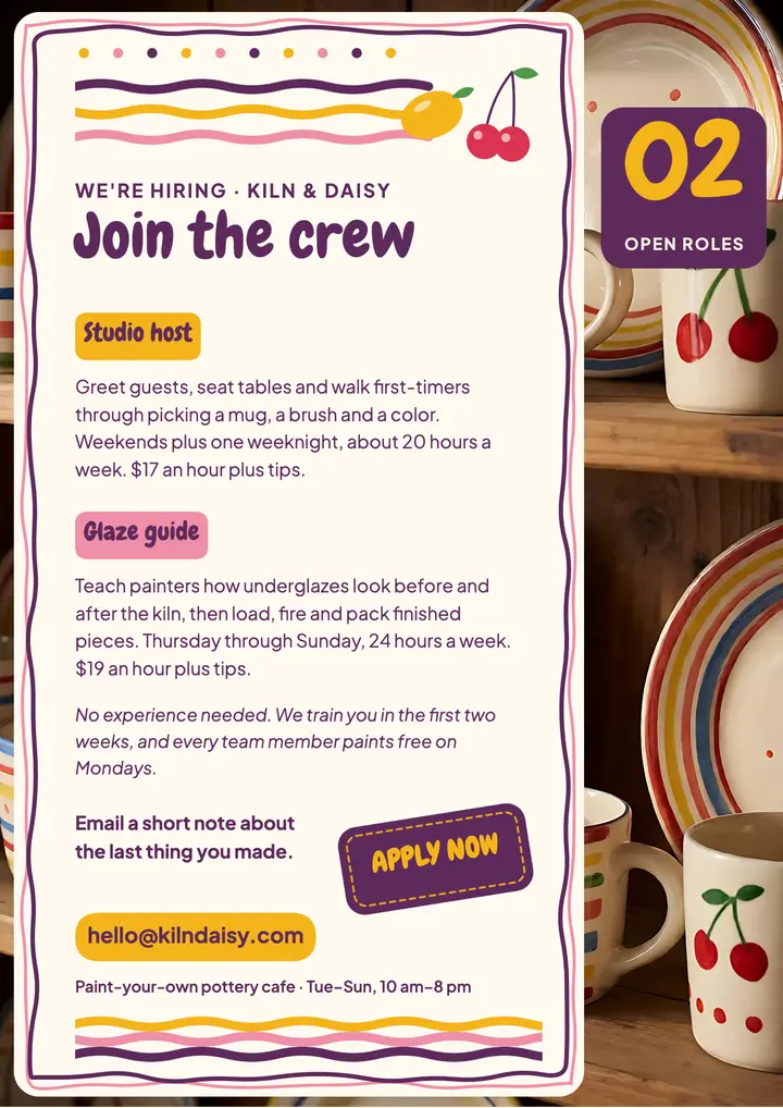Kiln & Daisy pottery cafe hiring flyer template