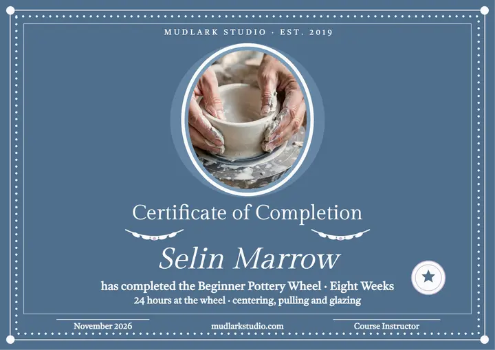Mudlark pottery wheel completion certificate template
