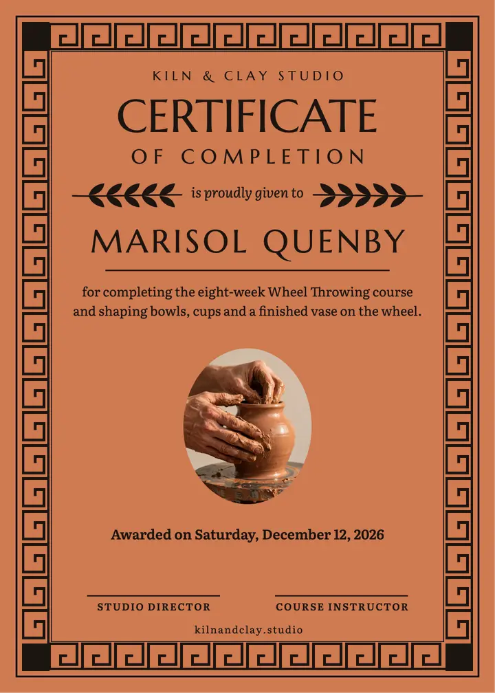 Kiln & Clay completion certificate: pottery class certificate template
