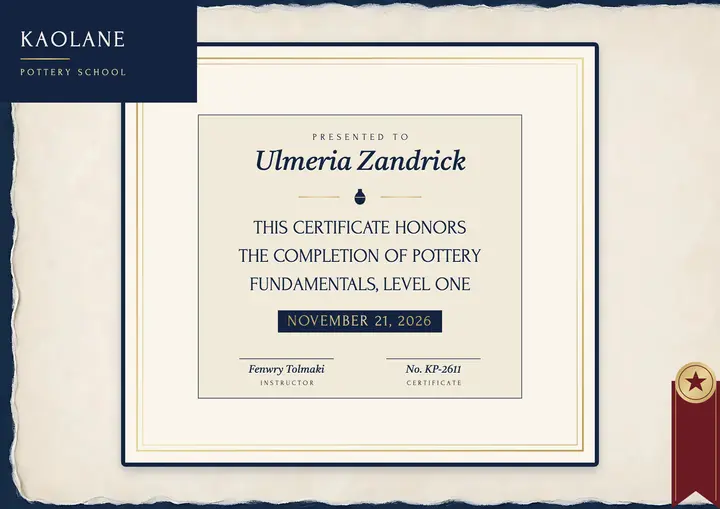 Kaolane pottery course certificate, letterpress and foil template