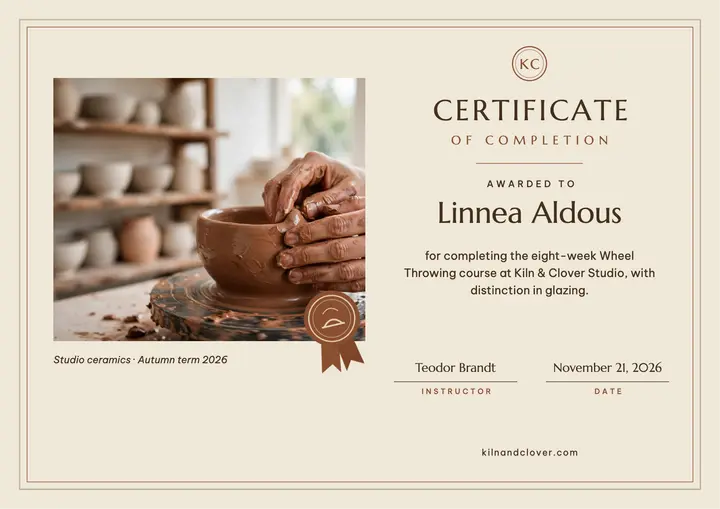 Kiln and Clover wheel throwing certificate template