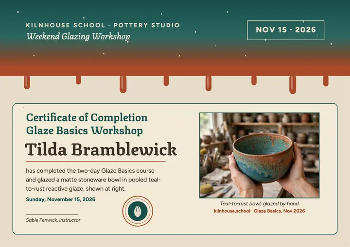 Glaze Basics pottery workshop certificate template