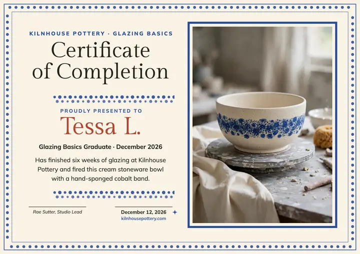 Kilnhouse Pottery glazing certificate template