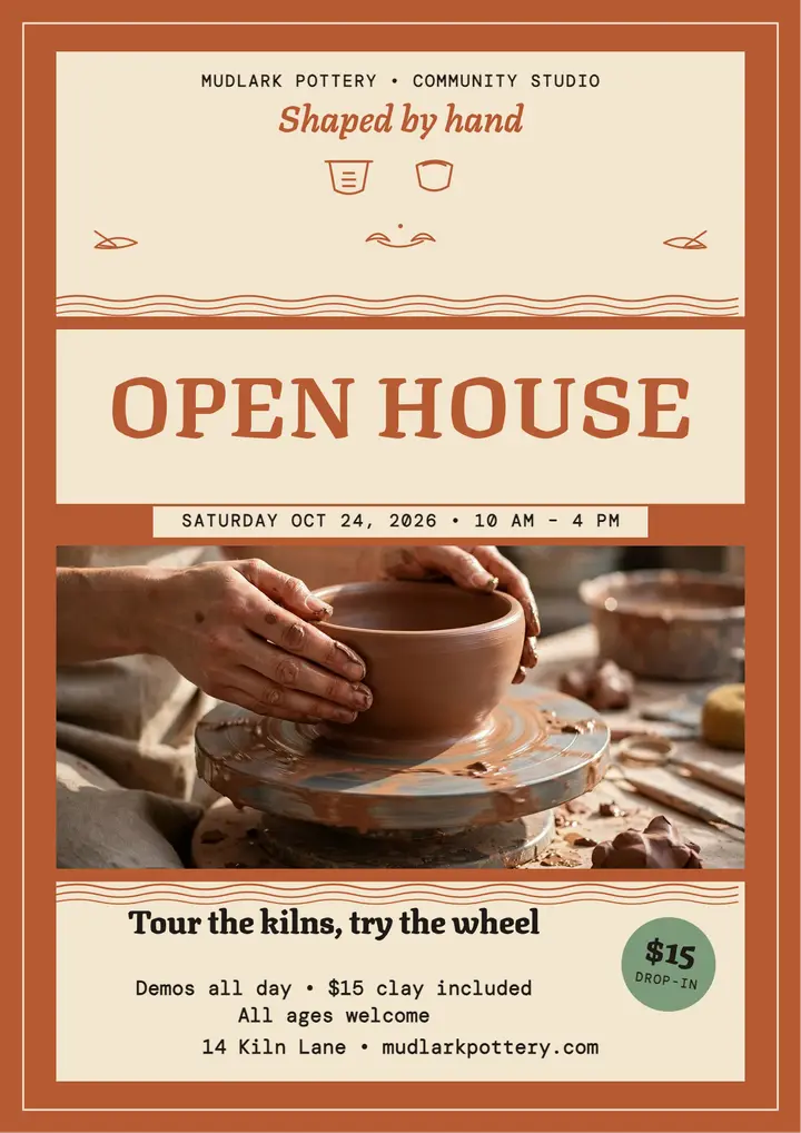 Mudlark Pottery open house flyer template